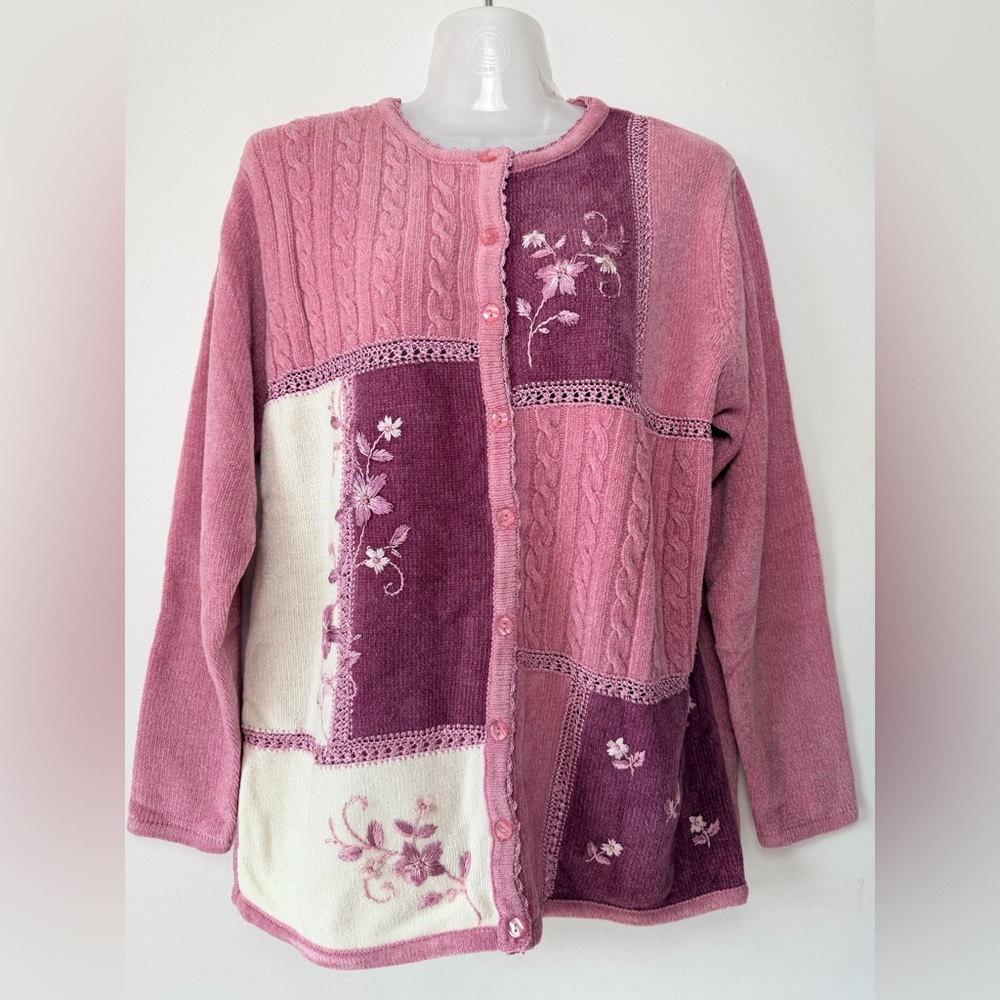 Vintage Jenny Pink White Chenille Patchwork Floral Cardigan Sweater Women size L